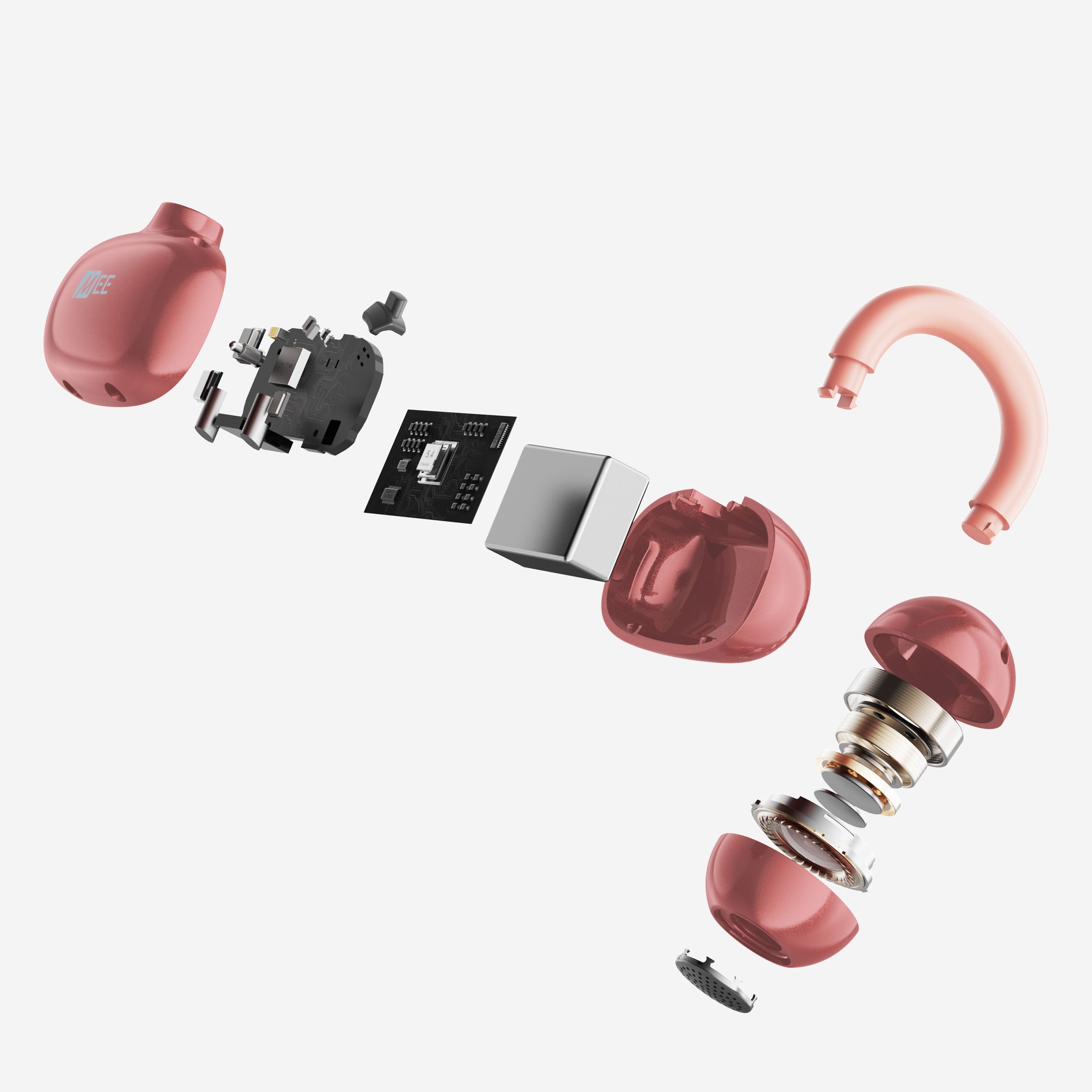 Disassembled pink Pebbles Air earbud on a white background

