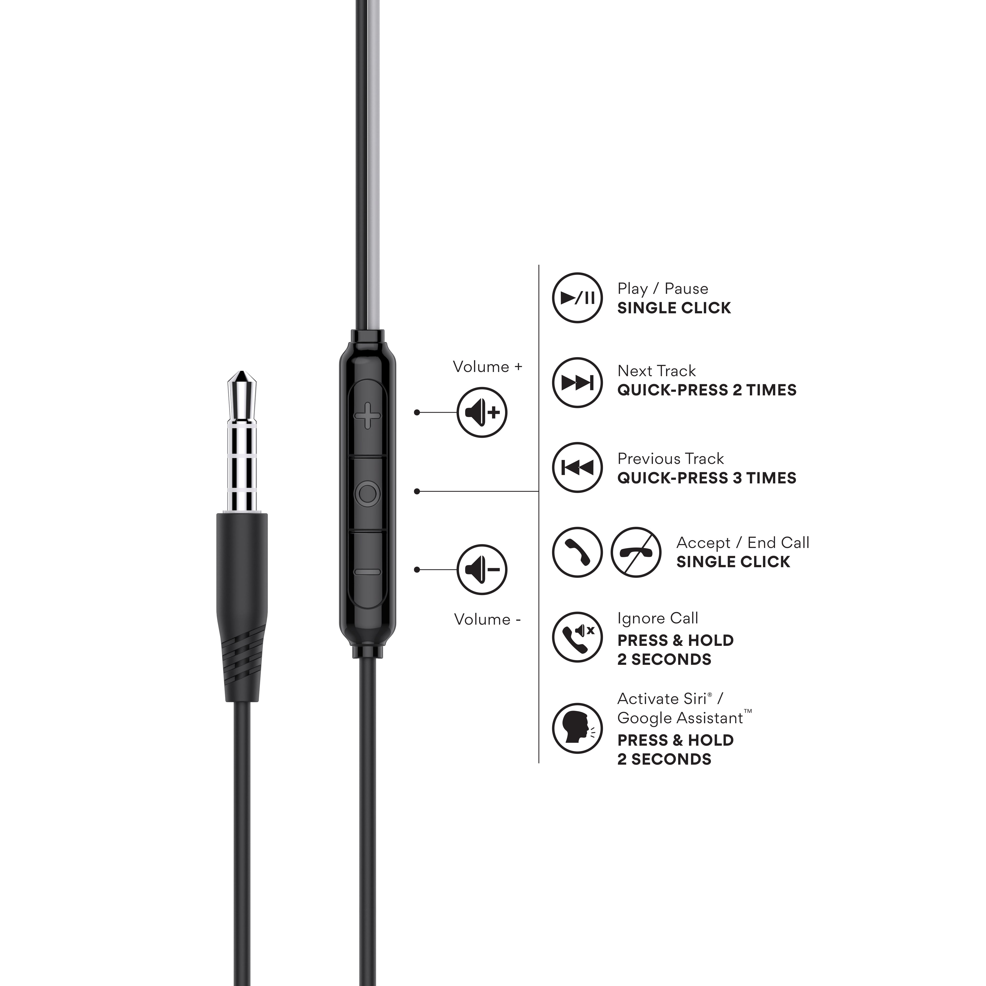 In-line Mic & Controls
Adjust volume, skip tracks, manage calls, and activate your voice assistant hands-free on any compatible device.