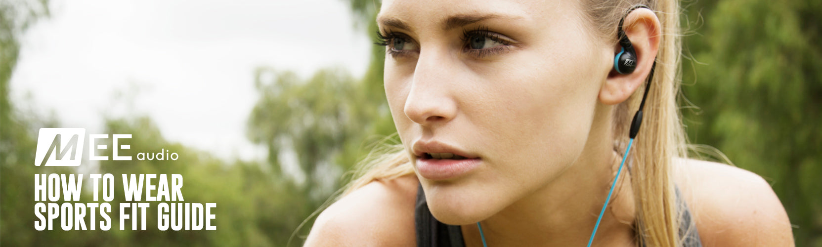 A woman wearing earbud headphones while jogging outdoors, with text overlay reading 'mee audio - how to wear sports fit guide'.