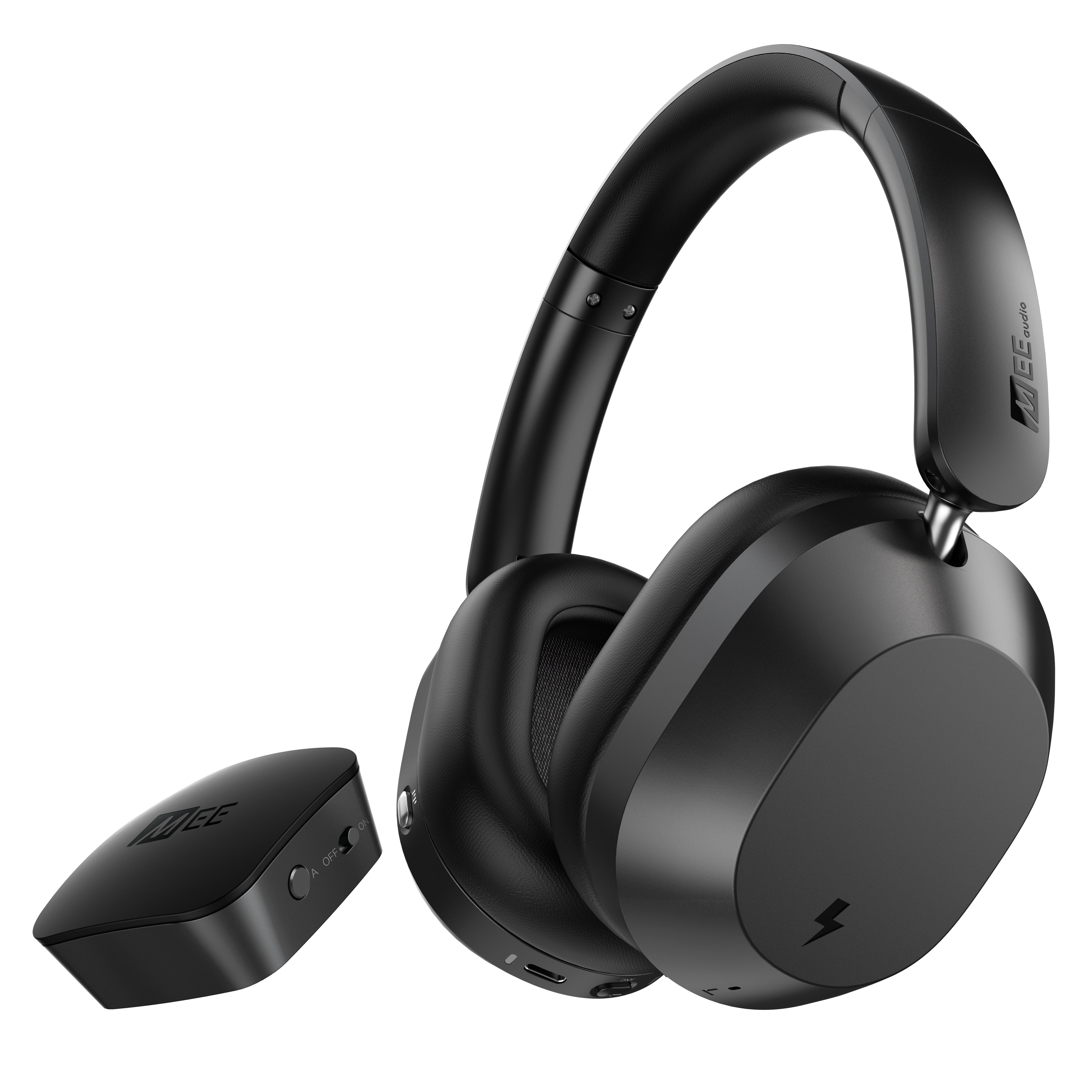 MEE Matrix Cinema 3D Bluetooth wireless headphones with a Connect tv transmitter on a white background