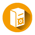 Icon depicting a white software box with a gear symbol on it, set against a vibrant orange circular background.