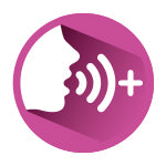 Icon depicting a side profile of a person speaking, with sound waves emanating from the mouth, inside a pink circle with a plus sign in the corner.
