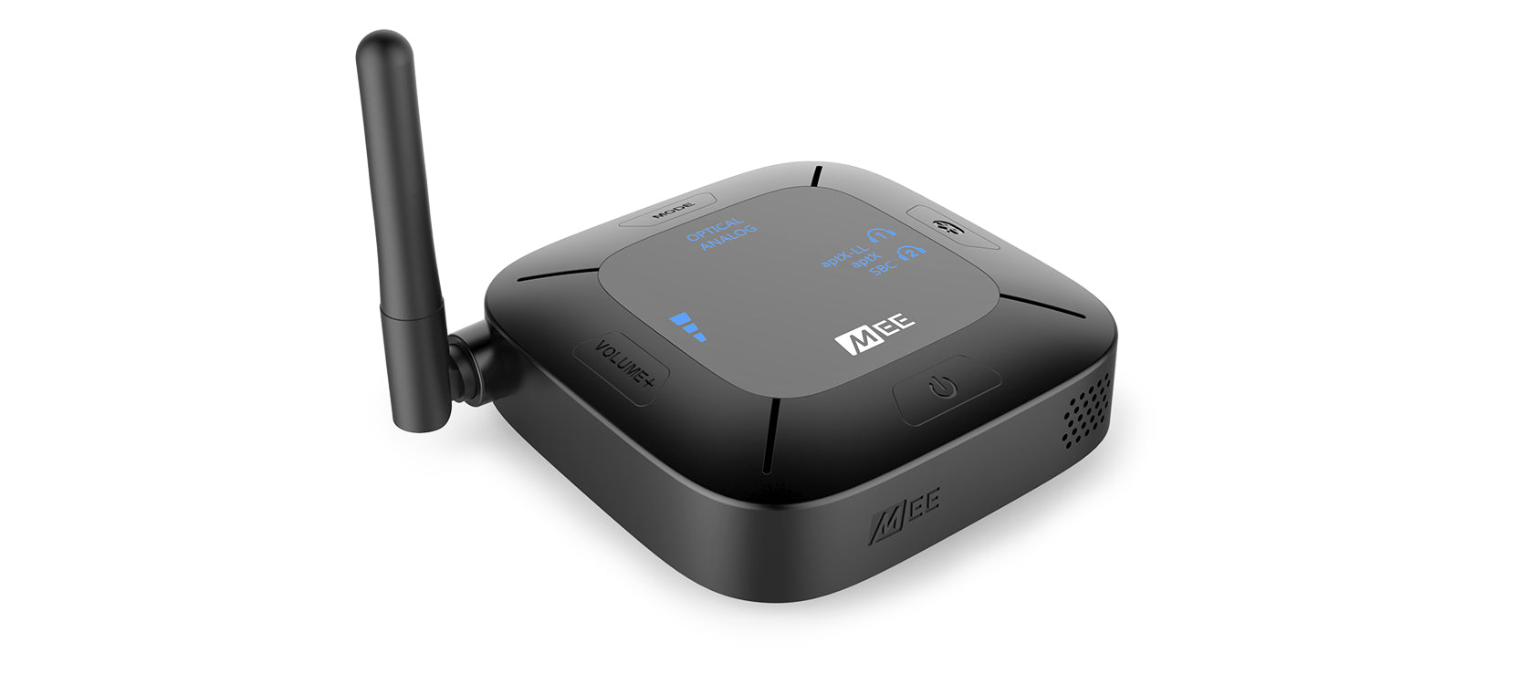 A black wireless router with an external antenna on the left side, featuring blue led indicators for power, wi-fi, and internet connection on top.