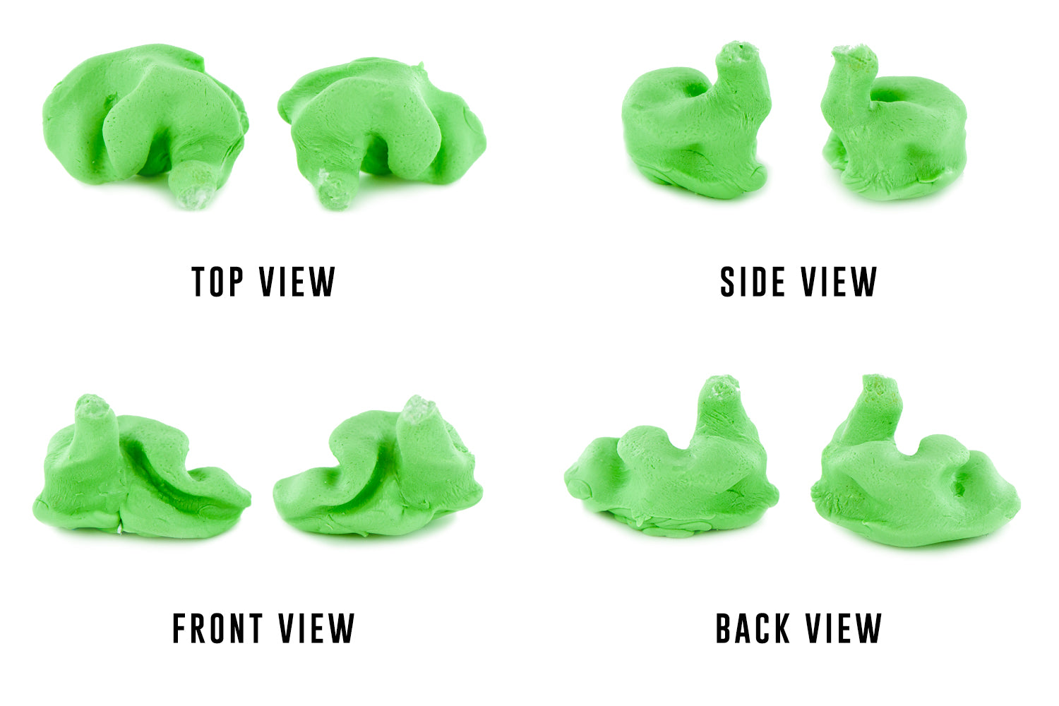 Eight images of a green modeling clay sculpture displayed from different angles: top view, side view, front view, and back view, labeled accordingly.