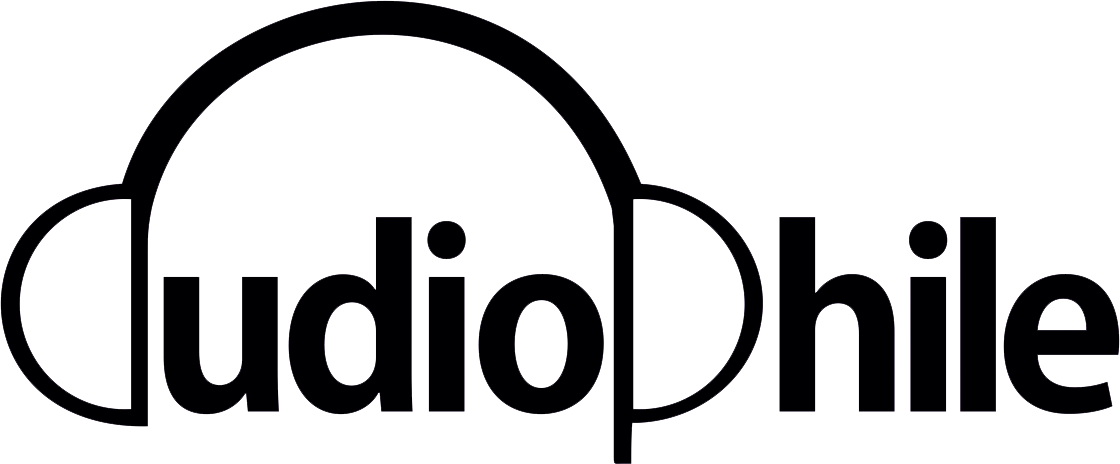 Logo of "audiophile" featuring stylized text with a cloud-like design encompassing the word, all in black on a transparent background.