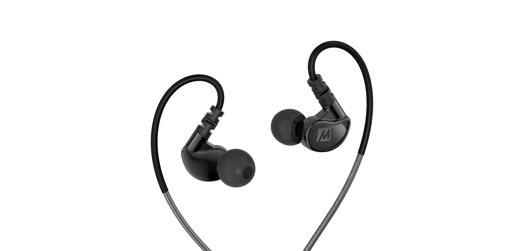 A pair of black, in-ear headphones with over-ear hooks and a logo on the side, displayed against a white background.