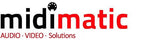 Logo of "midimatic" featuring stylized text in red and black with the words "audio - video - solutions" beneath, alongside a graphical element resembling a film reel.