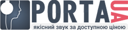 Logo of "portas," featuring stylized text with a human profile and a keyhole design in red and blue, accompanied by the slogan "Ð°ÐºÑ–ÑÐ½Ð¸Ð¹ Ð·Ð²ÑƒÐº Ð·Ð° Ð´Ð¾ÑÑ‚ÑƒÐ¿Ð½Ð¾ÑŽ Ñ†Ñ–Ð½Ð¾ÑŽ" in gray.