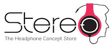 Logo of "stereo the headphone concept store" featuring stylized text next to a graphic of a human head silhouette wearing headphones in black and pink colors.