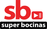 Logo of "sb" featuring stylized white letters 'sb' with a speaker icon, on a red background, alongside the text "super bocinas" in smaller white font.