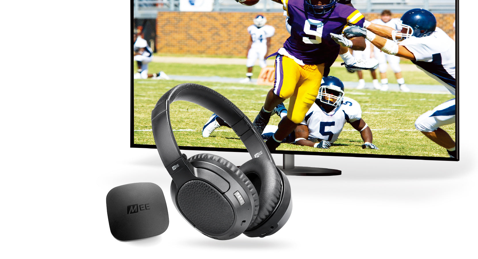 A pair of black over-ear headphones and a small black speaker, displayed in front of a tv screen showing a scene of an american football game.