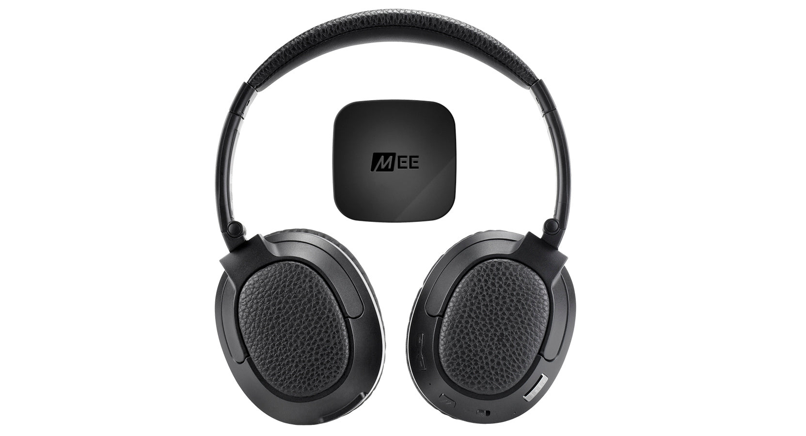 Black over-ear wireless headphones displayed against a white background with a small, square carrying case bearing the mee logo in the center.